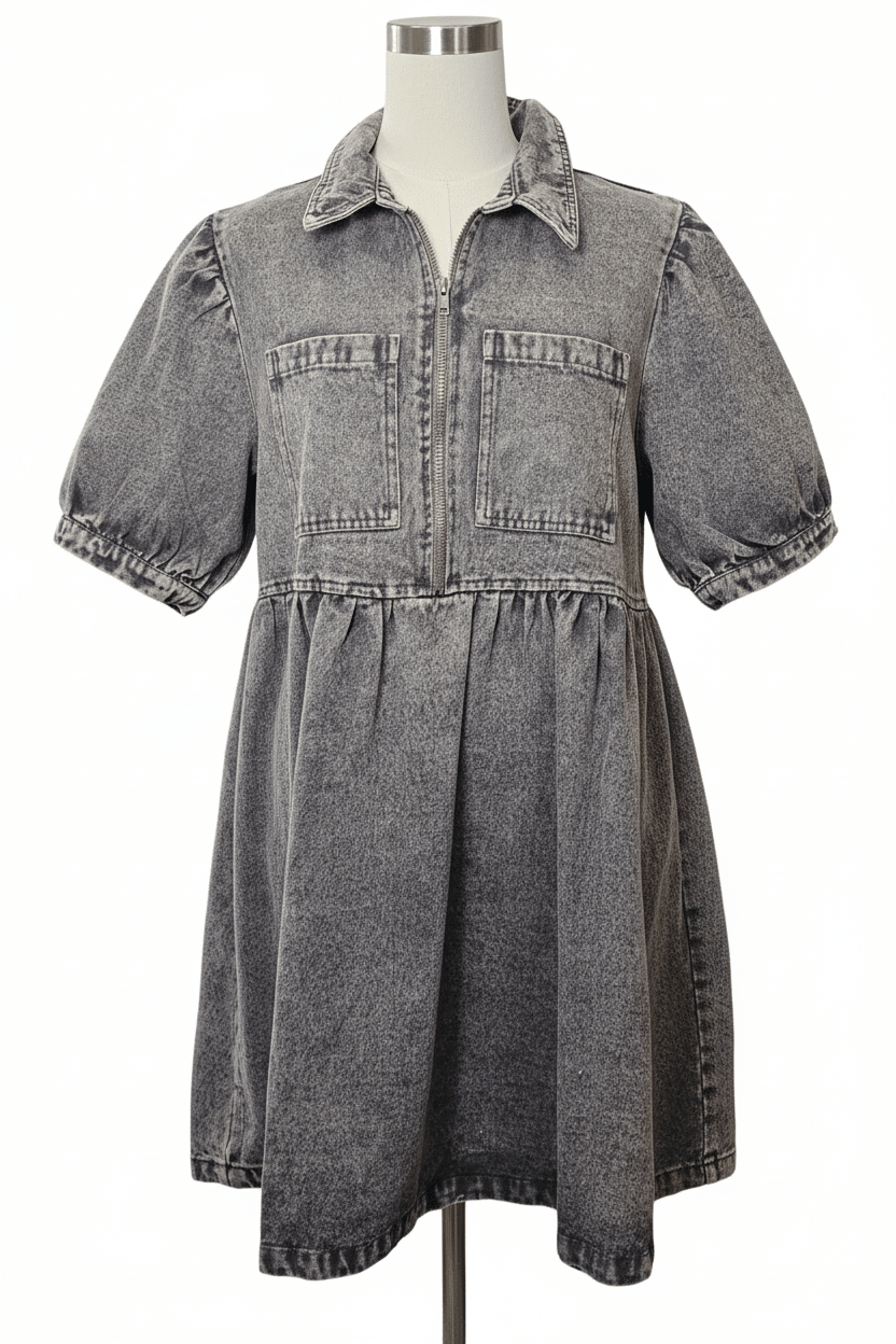Fantastic Fawn Black Acid Wash Denim Zip-Front Mini Dress
