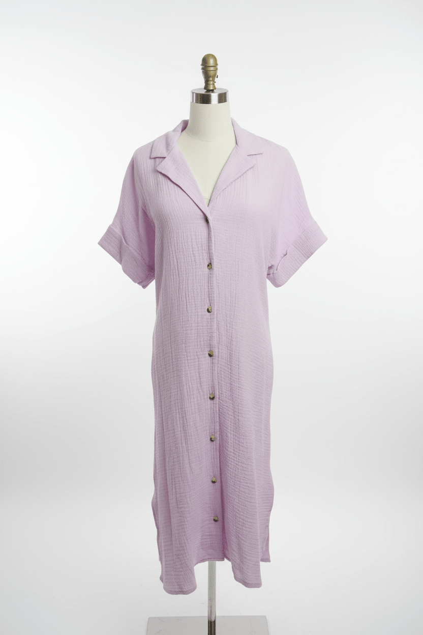 Lavender Crinkle Cotton Button-Down Midi Dress Open Back - HYFVE