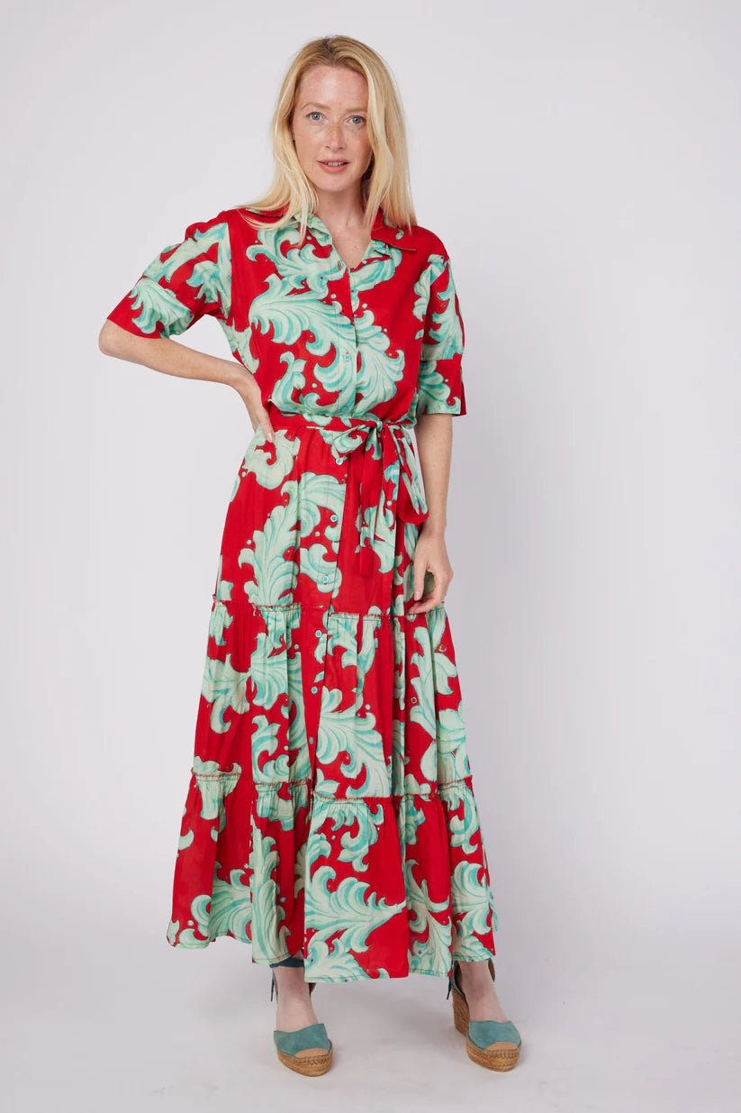 Modaposa Red Baroque Scroll Tiered Maxi Dress - The Garment Garden Boutique