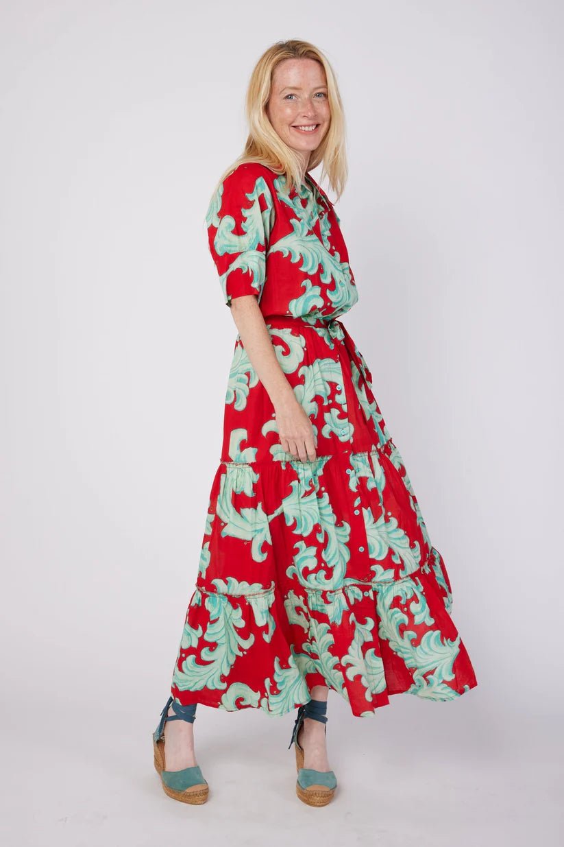Modaposa Red Baroque Scroll Tiered Maxi Dress - The Garment Garden Boutique
