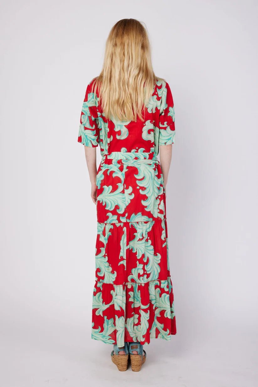Modaposa Red Baroque Scroll Tiered Maxi Dress - The Garment Garden Boutique