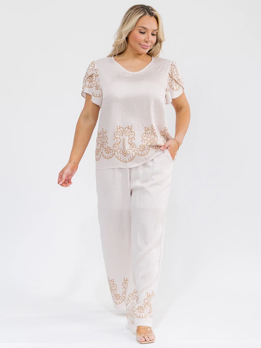 PLUS SIZE SHORT SLEEVE BLOUSE & ELASTIC WAIST PANTS MULTI PRINT 2PC. SET - The Garment Garden Boutique