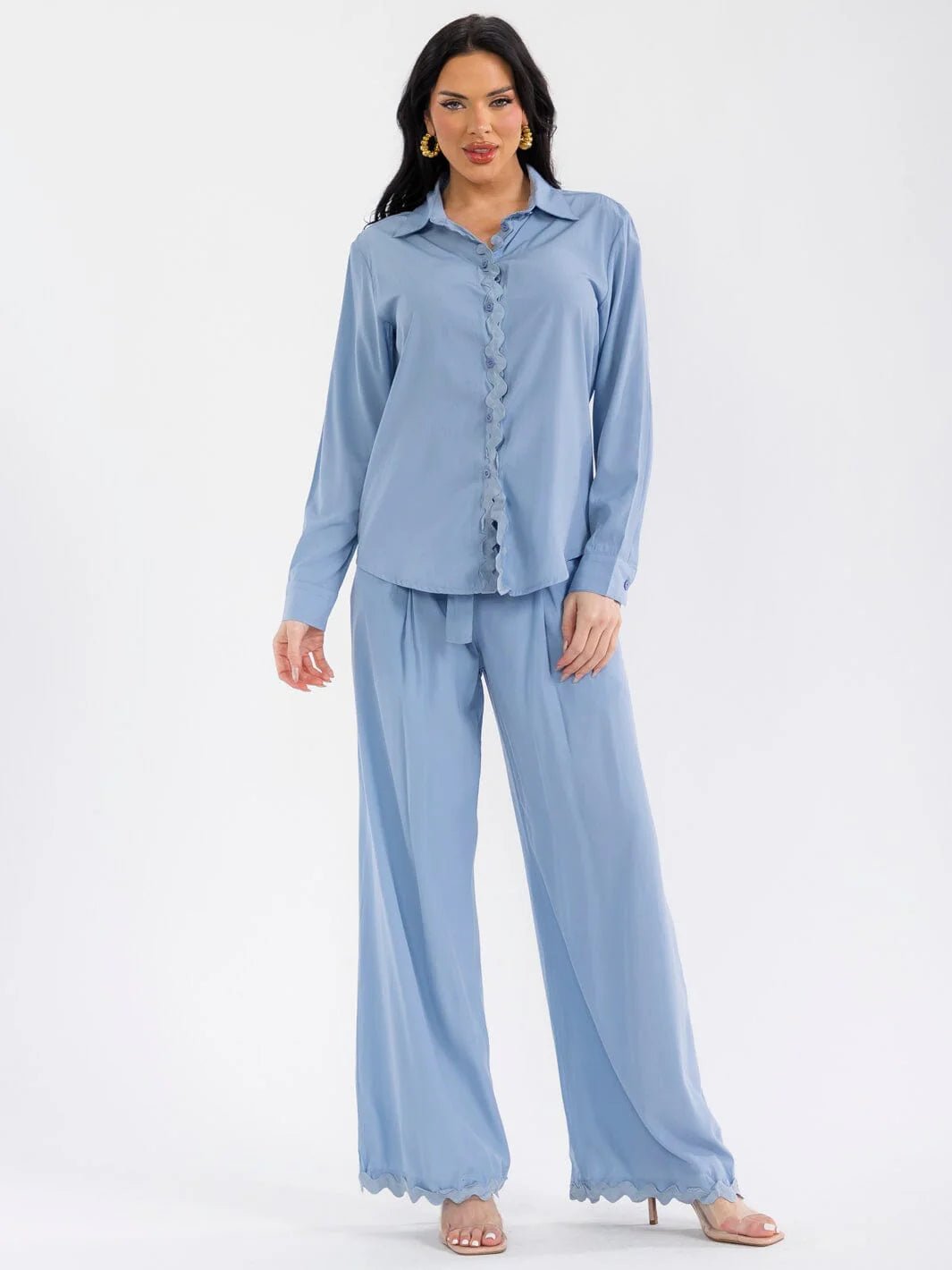 WOMEN'S LONG SLEEVE TOP & BUTTON CLOSURE PANTS TRIM DETAILED 2PC. SET**PLEASE CHOOSE COLOR - The Garment Garden Boutique