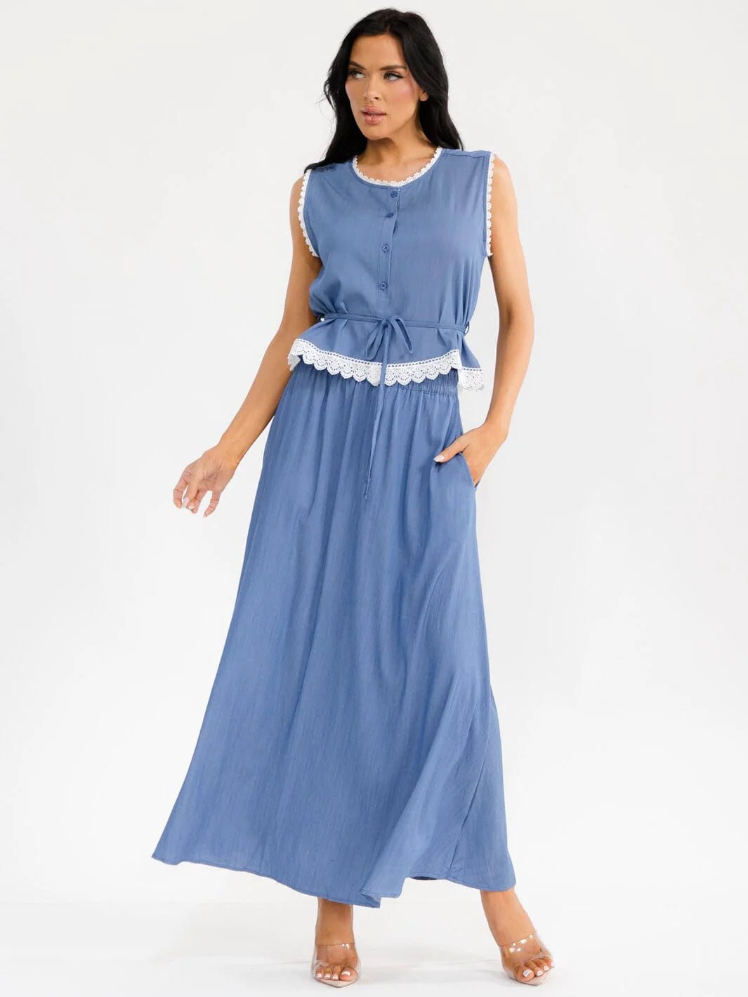 WOMEN'S SLEEVELESS BUTTON UP TOP & ELASTIC WAIST MAXI SKIRT CHAMBRAY 2PC. SET - The Garment Garden Boutique