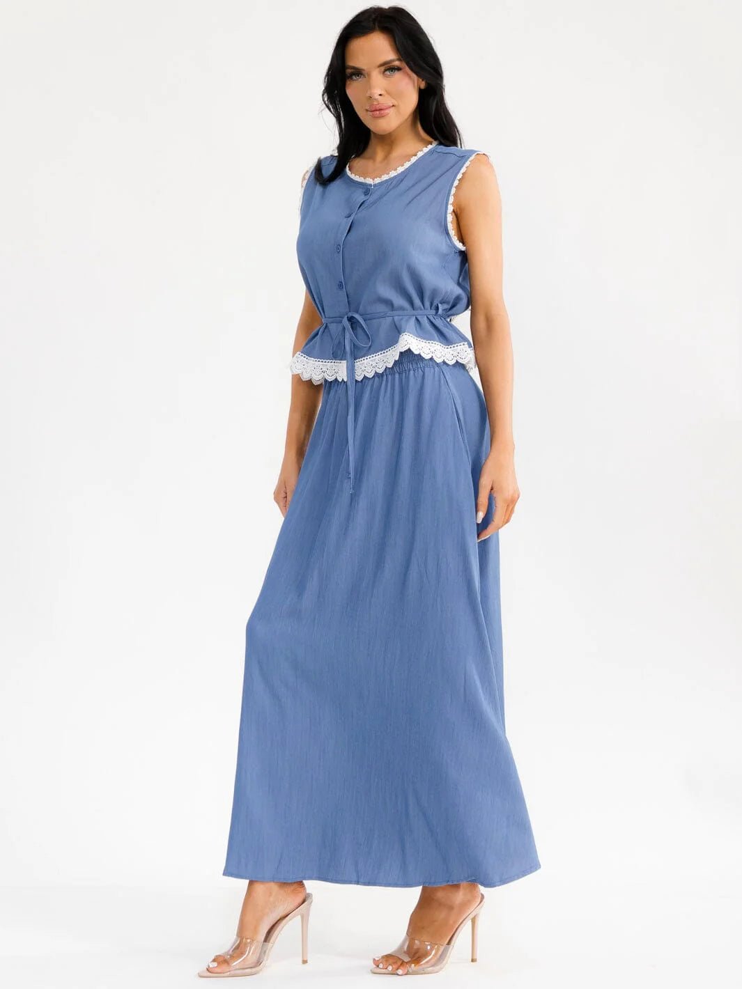 WOMEN'S SLEEVELESS BUTTON UP TOP & ELASTIC WAIST MAXI SKIRT CHAMBRAY 2PC. SET - The Garment Garden Boutique