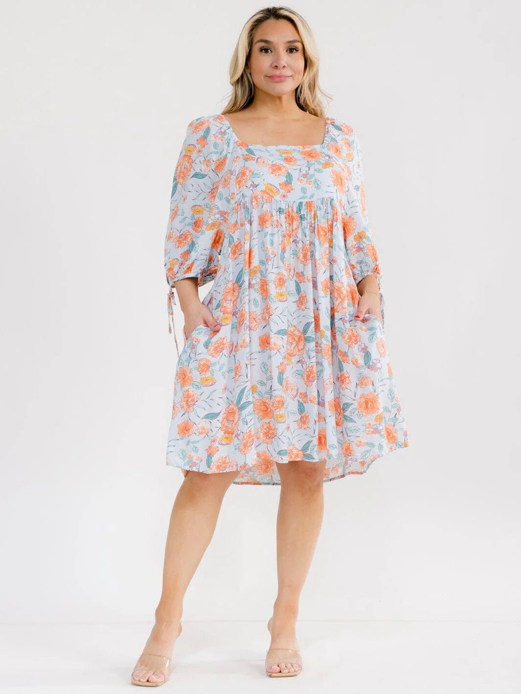 PLUS SIZE SHORT SLEEVE SQUARE NECK FRONT POCKETS FLORAL TUNIC MINI DRESS - The Garment Garden Boutique