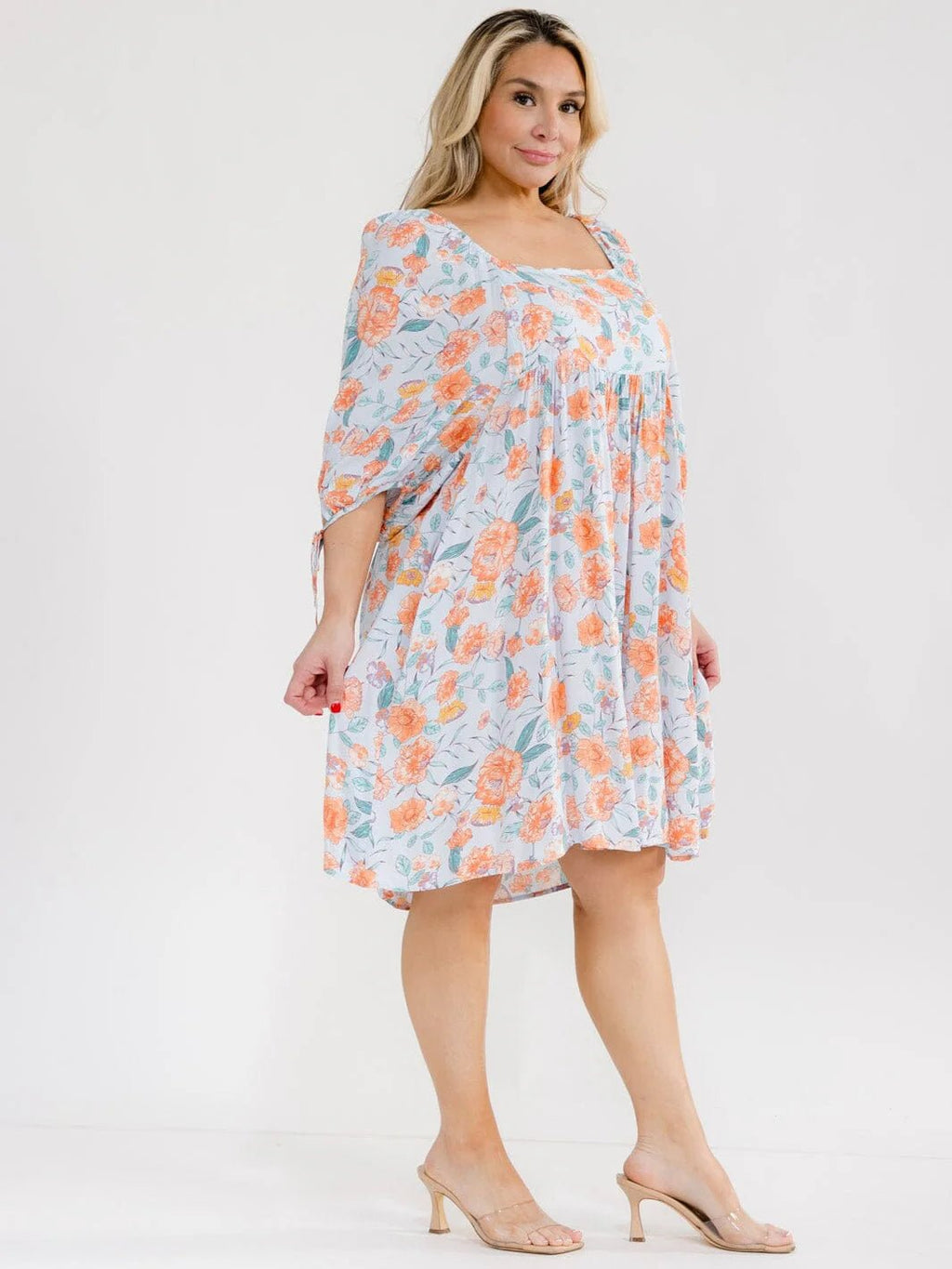 PLUS SIZE SHORT SLEEVE SQUARE NECK FRONT POCKETS FLORAL TUNIC MINI DRESS - The Garment Garden Boutique