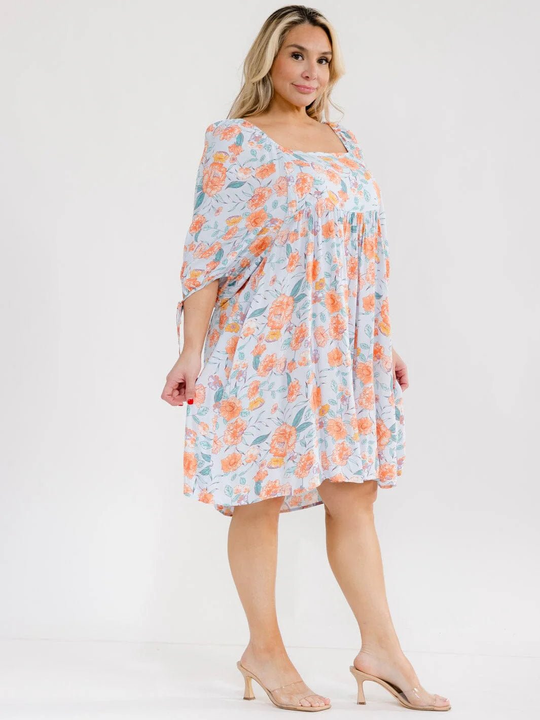 PLUS SIZE SHORT SLEEVE SQUARE NECK FRONT POCKETS FLORAL TUNIC MINI DRESS - The Garment Garden Boutique