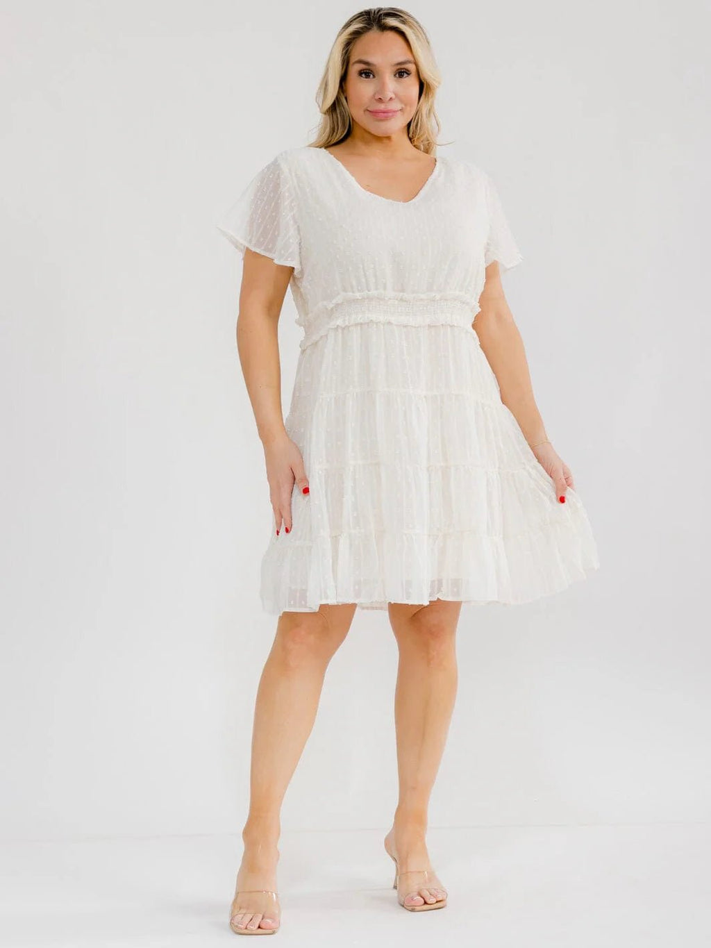PLUS SIZE SHORT SLEEVE V-NECK ELASTIC WAIST SWISS DOTS MINI DRESS - The Garment Garden Boutique
