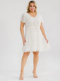PLUS SIZE SHORT SLEEVE V-NECK ELASTIC WAIST SWISS DOTS MINI DRESS - The Garment Garden Boutique