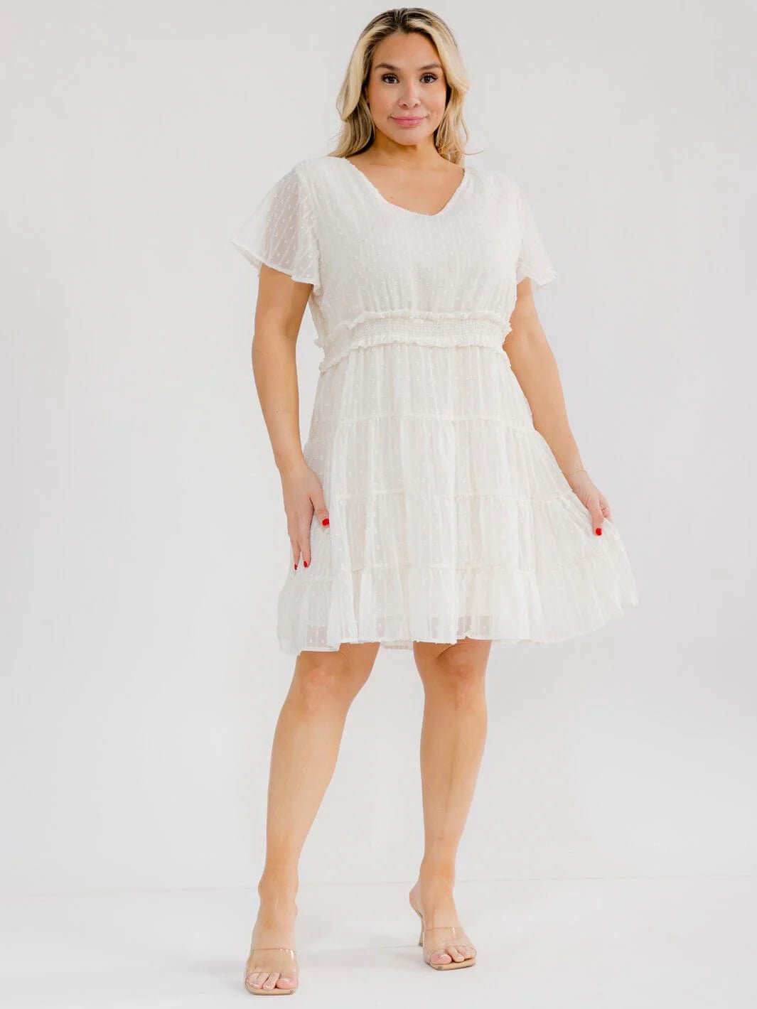 PLUS SIZE SHORT SLEEVE V-NECK ELASTIC WAIST SWISS DOTS MINI DRESS - The Garment Garden Boutique