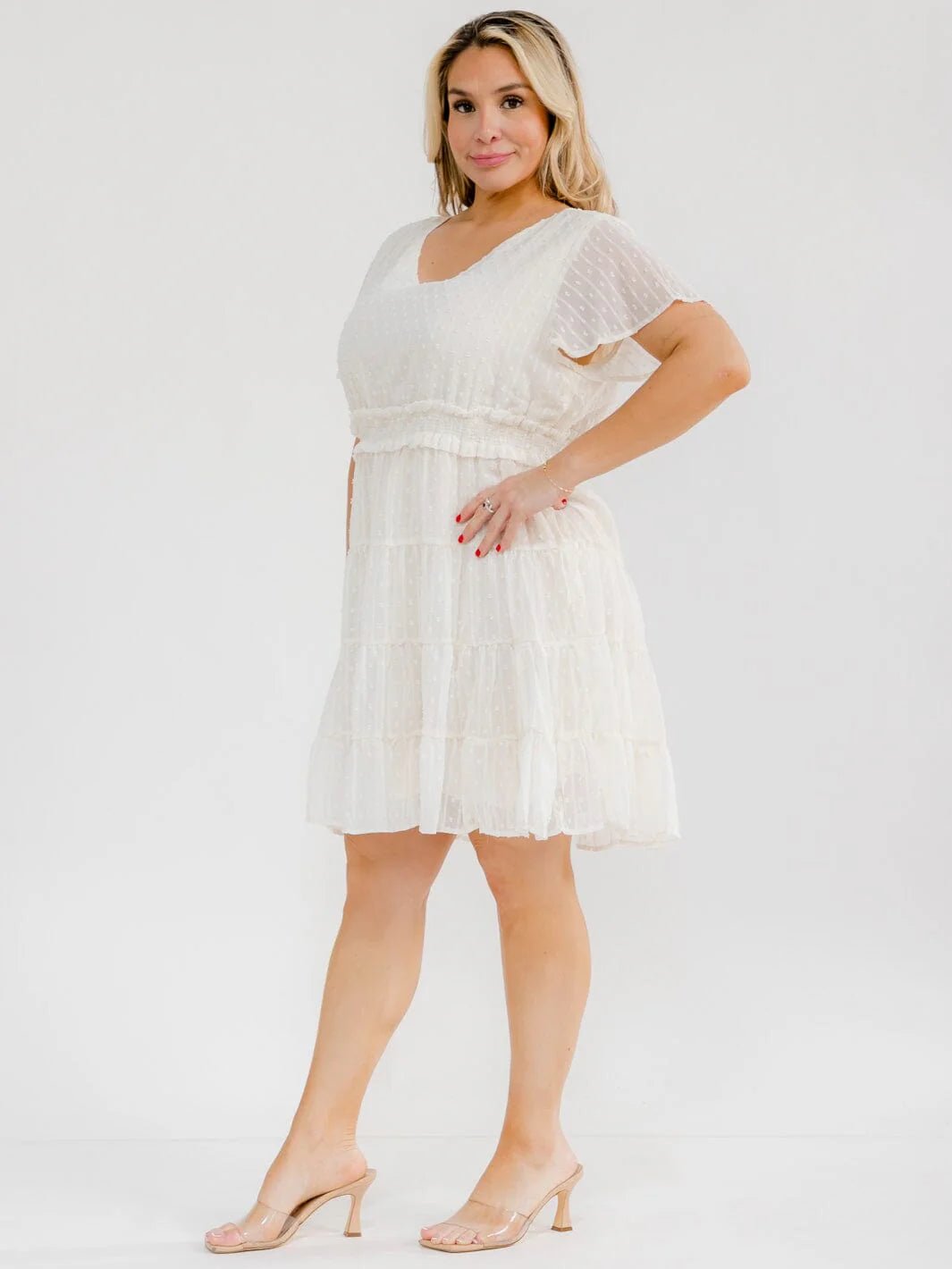 PLUS SIZE SHORT SLEEVE V-NECK ELASTIC WAIST SWISS DOTS MINI DRESS - The Garment Garden Boutique