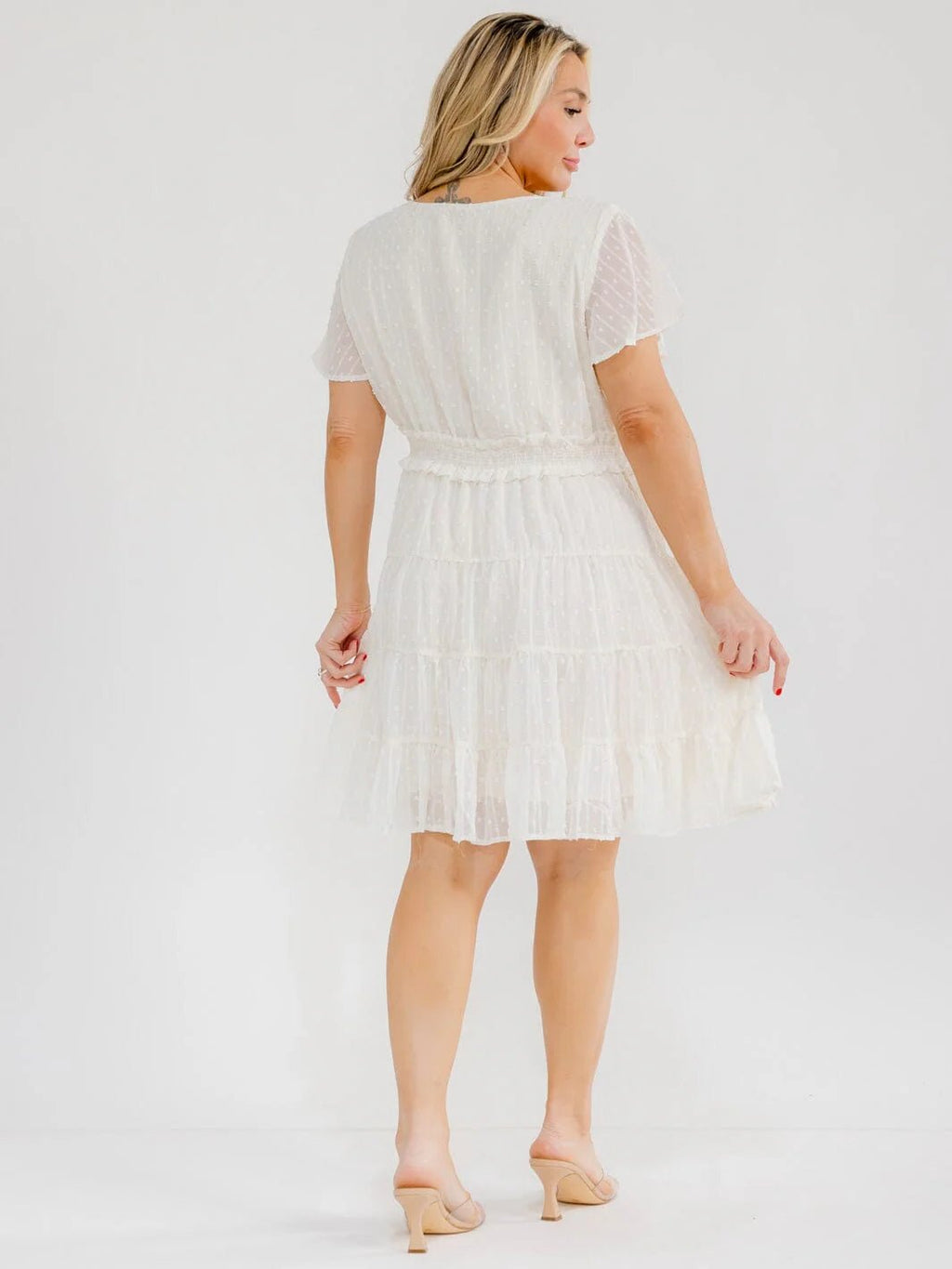 PLUS SIZE SHORT SLEEVE V-NECK ELASTIC WAIST SWISS DOTS MINI DRESS - The Garment Garden Boutique