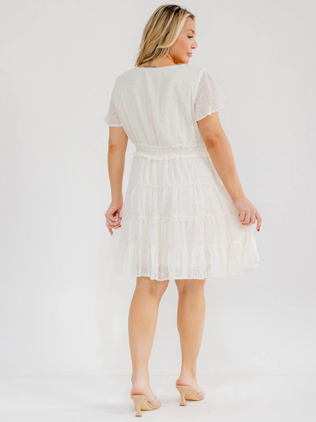 PLUS SIZE SHORT SLEEVE V-NECK ELASTIC WAIST SWISS DOTS MINI DRESS - The Garment Garden Boutique