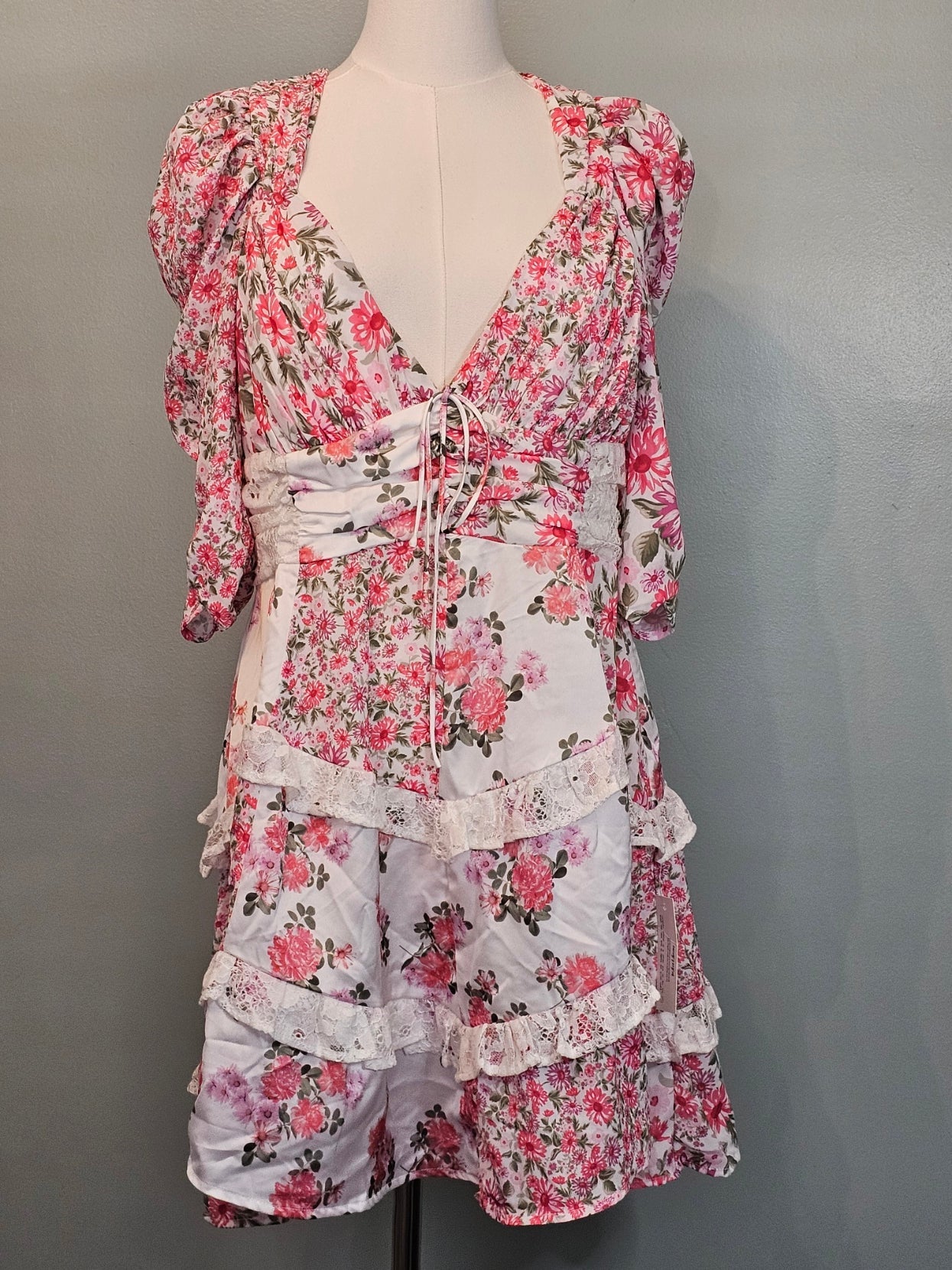 For Love & Lemons Pink Floral Patchwork Puff Sleeve Mini Dress - The Garment Garden Boutique