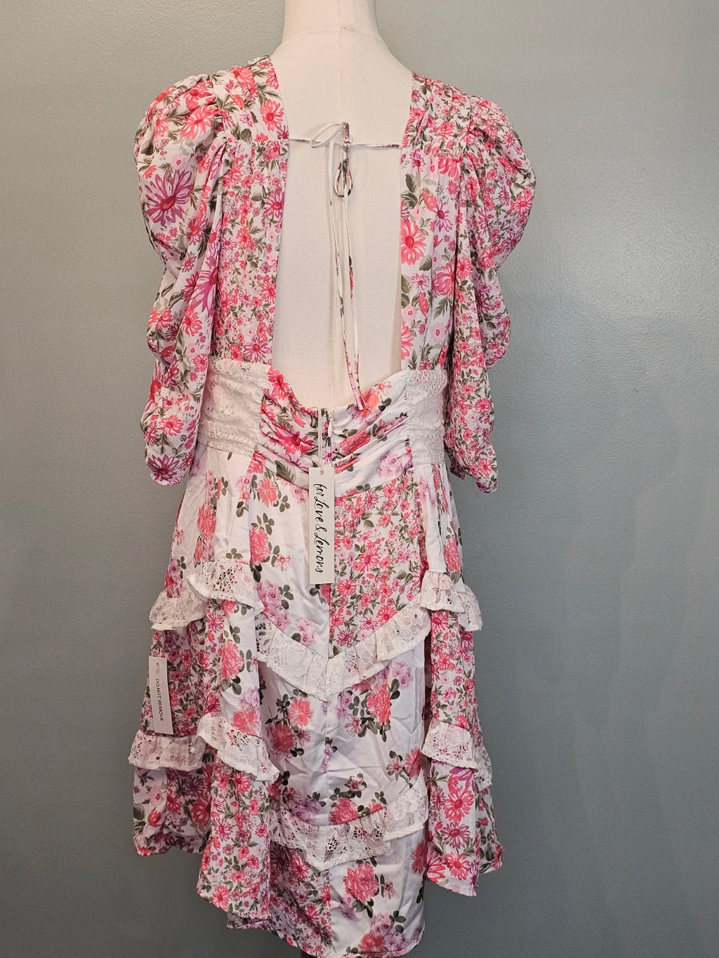For Love & Lemons Pink Floral Patchwork Puff Sleeve Mini Dress - The Garment Garden Boutique