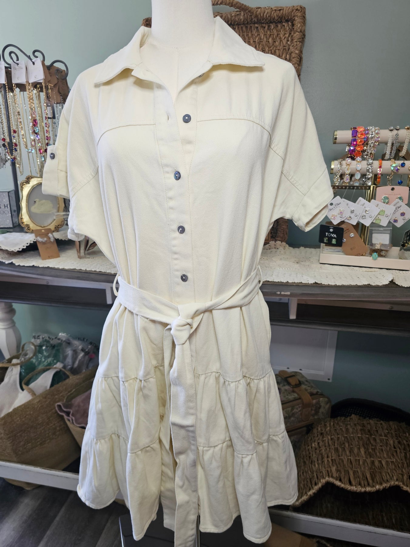 She + Sky Cream Denim Tiered Shirt Dress with Mother of Pearl Buttons - The Garment Garden Boutique