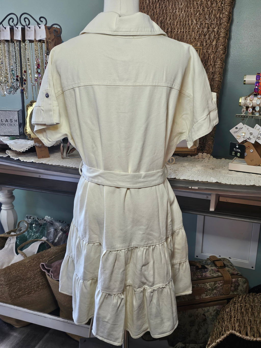 She + Sky Cream Denim Tiered Shirt Dress with Mother of Pearl Buttons - The Garment Garden Boutique
