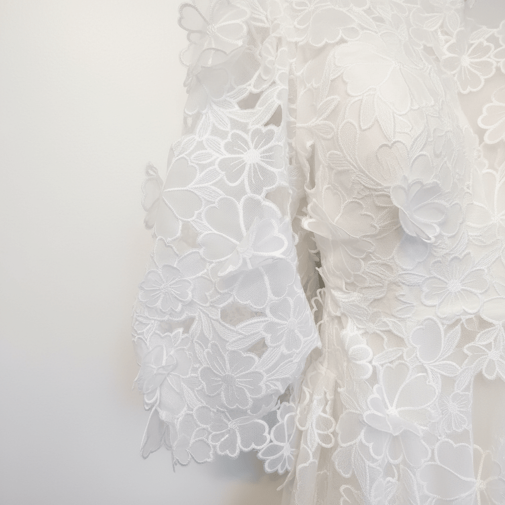 White 3D Floral Cutout Lace Mini Dress with Open Back by For Love & Lemons - The Garment Garden Boutique