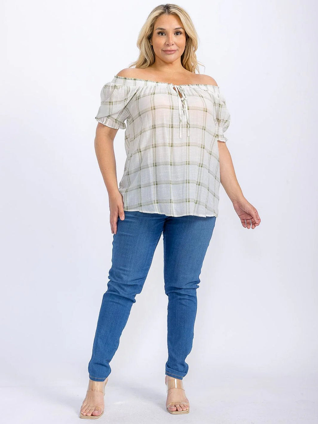 PLUS SIZE SHORT PUFF SLEEVE HIGH-LOW PLAID BLOUSE - The Garment Garden Boutique