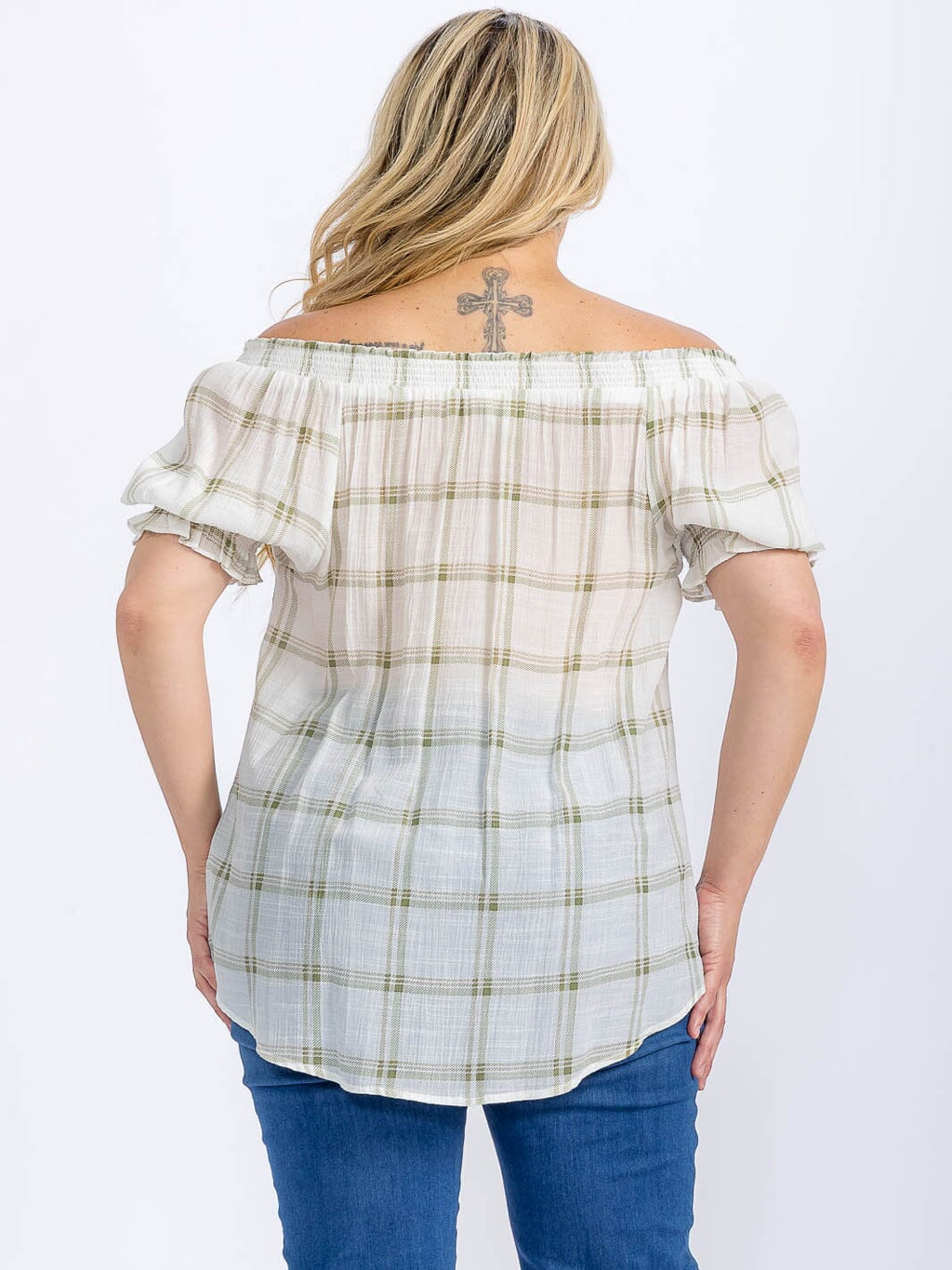 PLUS SIZE SHORT PUFF SLEEVE HIGH-LOW PLAID BLOUSE - The Garment Garden Boutique