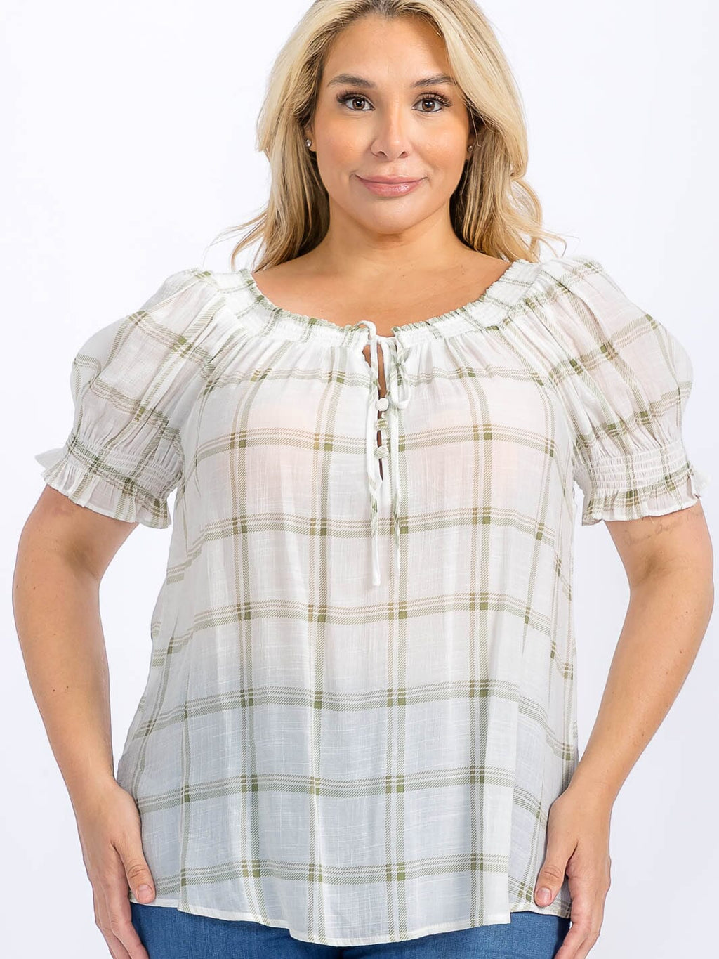 PLUS SIZE SHORT PUFF SLEEVE HIGH-LOW PLAID BLOUSE - The Garment Garden Boutique