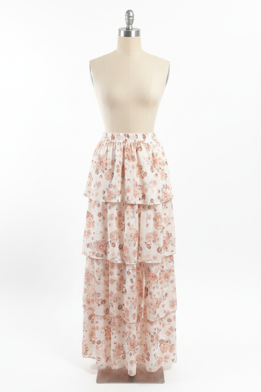 Altar'd State blush floral tiered ruffle maxi skirt mannequin front view