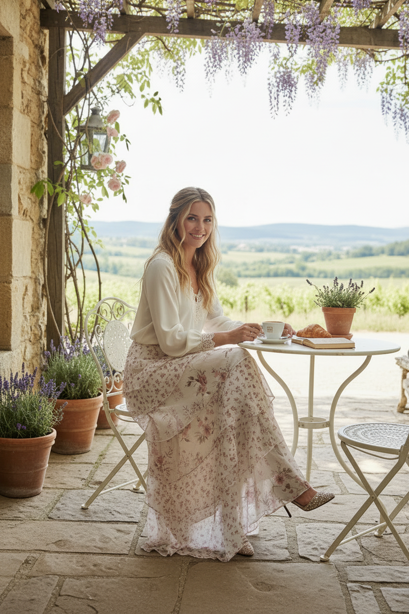 Altar'd State Floral Ruffle Maxi - Café Soft Silhouette