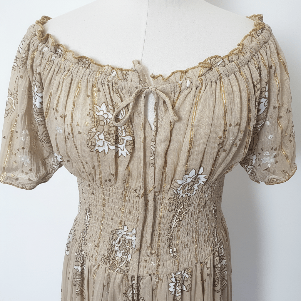 Ananta Champagne Gold Paisley Floral Smocked Corset Mini Dress - The Garment Garden Boutique