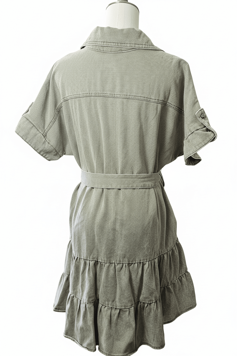 She + Sky Army Green Denim Belted Mini Shirt Dress - The Garment Garden Boutique