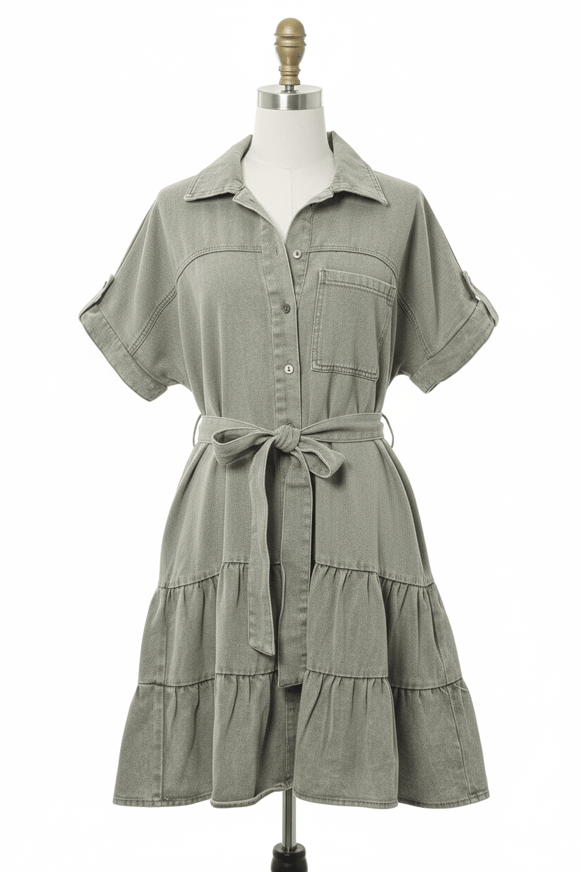 She + Sky Army Green Denim Belted Mini Shirt Dress - The Garment Garden Boutique
