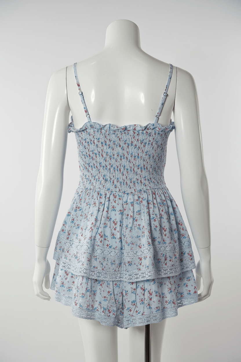 Altar'd State Baby Blue Ditsy Floral Smocked Lace Ruffle Romper - The Garment Garden Boutique
