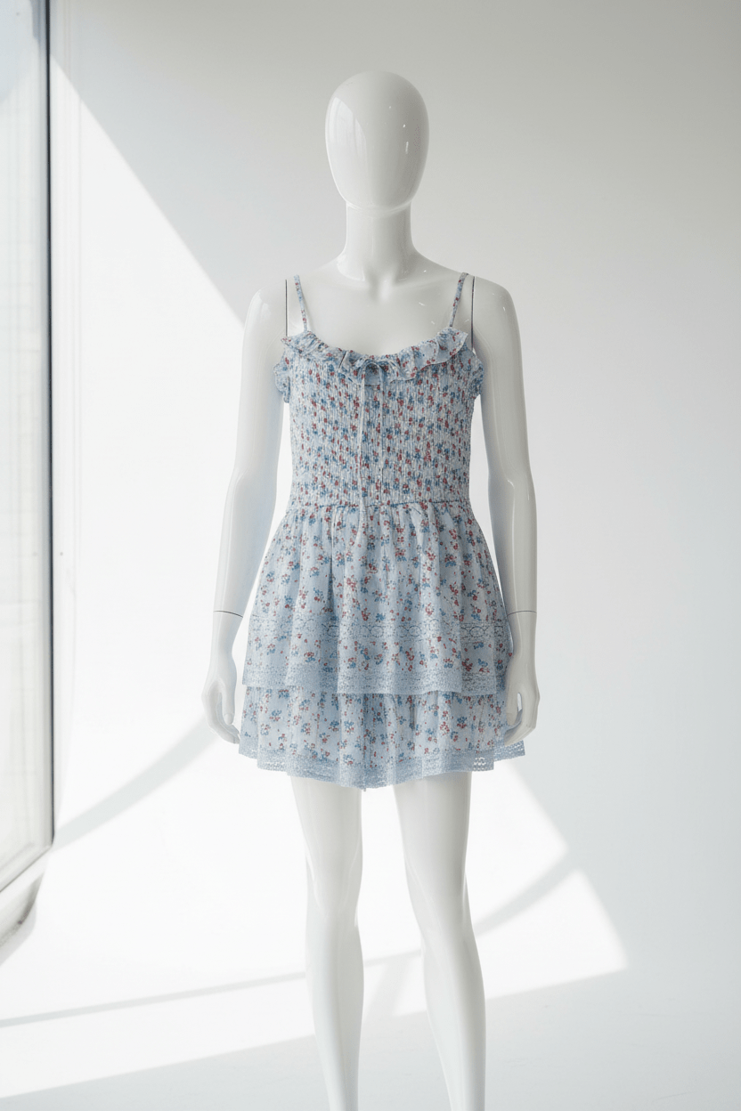 Altar'd State Baby Blue Ditsy Floral Smocked Lace Ruffle Romper