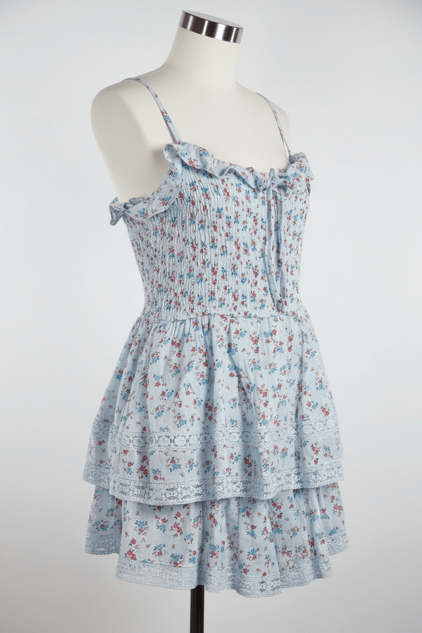 Altar'd State Baby Blue Ditsy Floral Smocked Lace Ruffle Romper - The Garment Garden Boutique