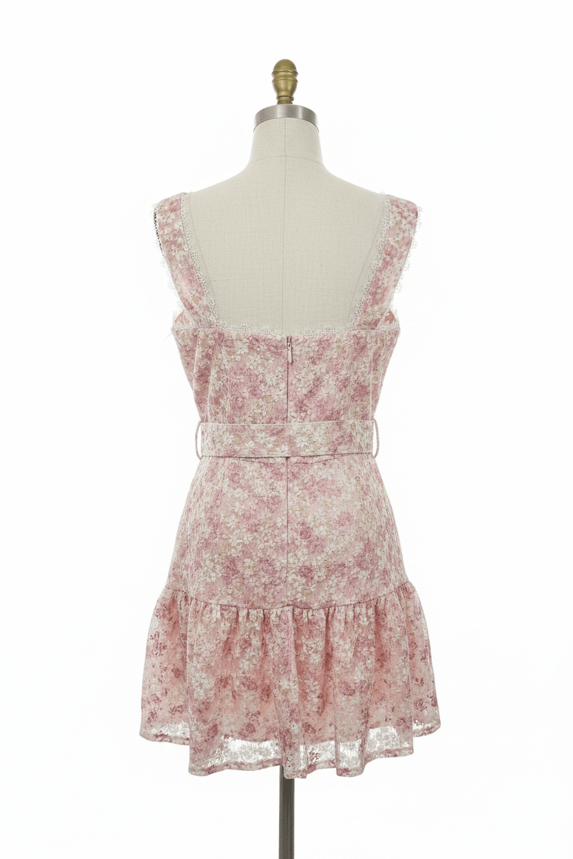 Pink Floral Lace Belted Mini Dress - The Garment Garden Boutique