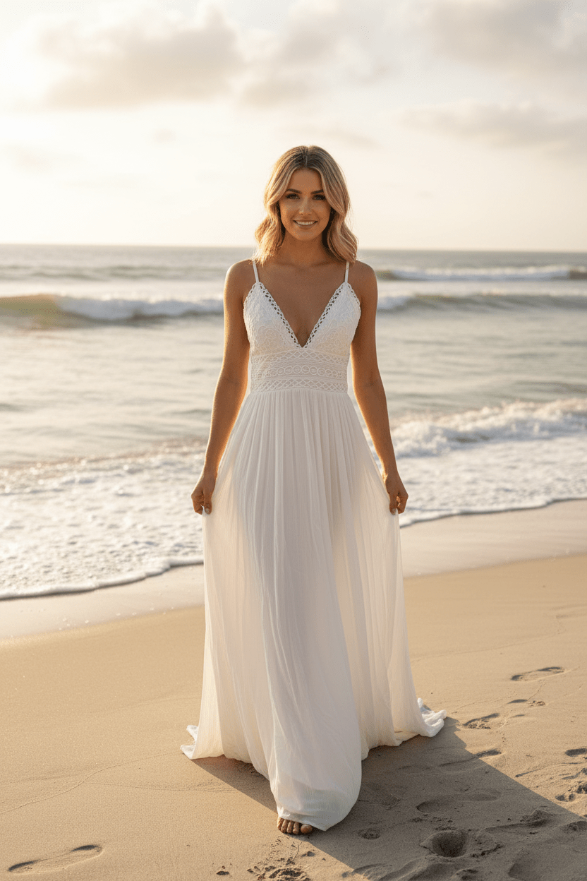 White Crochet Lace Beach Wedding Maxi Dress – Bridal & Destination Wedding - The Garment Garden Boutique