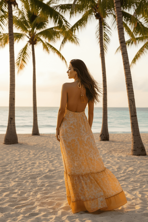BeachCamp Sorbet Shimmer Floral Halter Tassel Maxi Dress - The Garment Garden Boutique