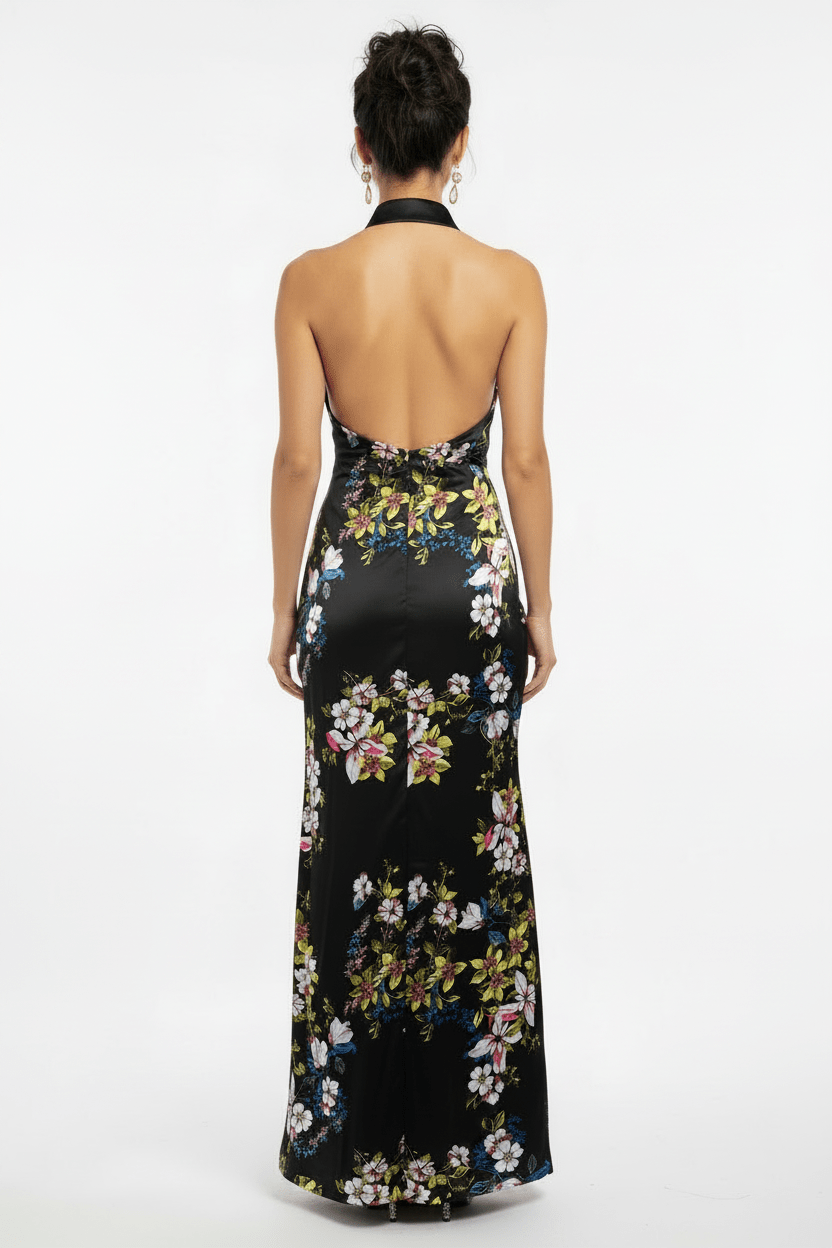Bebe Black Floral Pleated Halter Maxi Dress - The Garment Garden Boutique