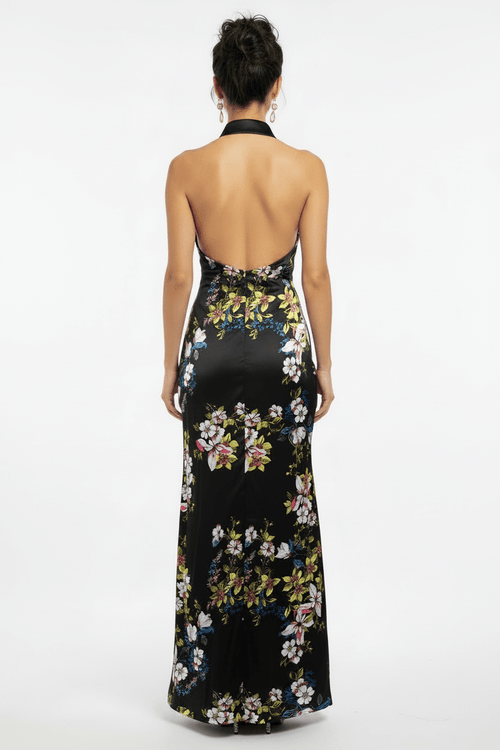 Bebe Black Floral Pleated Halter Maxi Dress - The Garment Garden Boutique