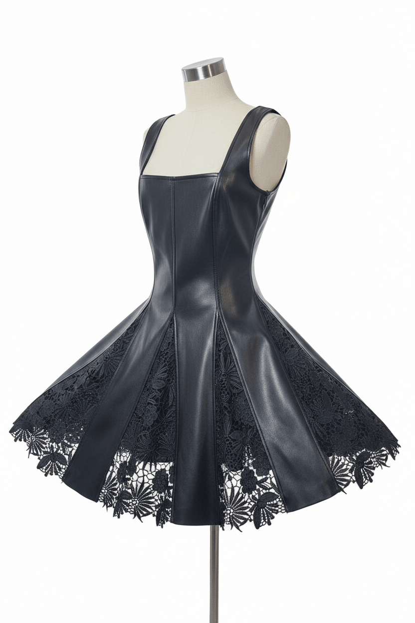 BeBe Faux Leather Floral Lace Hem Mini Dress - The Garment Garden Boutique