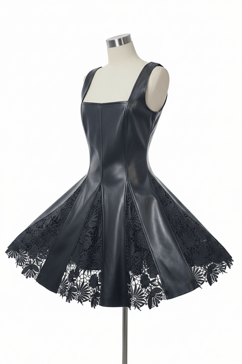 BeBe Faux Leather Floral Lace Hem Mini Dress - The Garment Garden Boutique