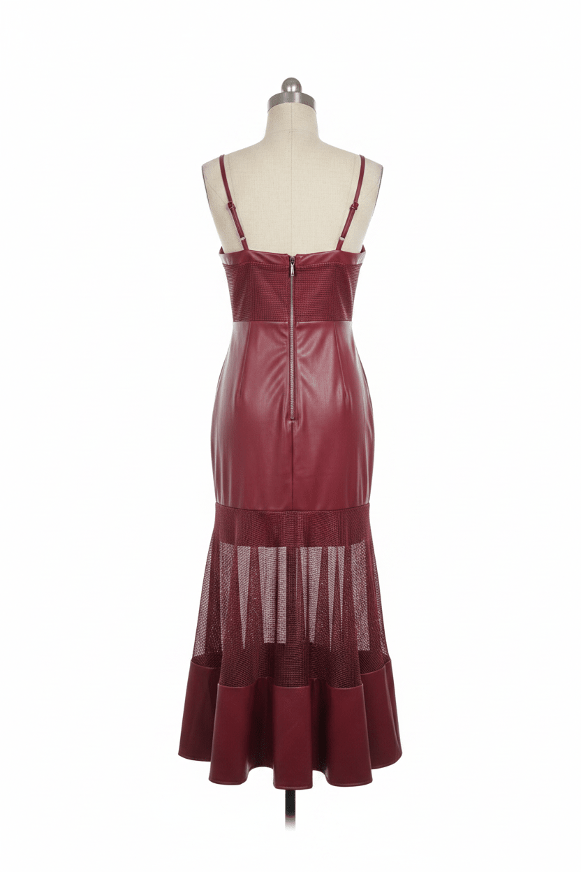 BeBe Wine Faux Leather Mesh Detail Midi Dress - The Garment Garden Boutique