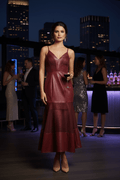 BeBe Wine Faux Leather Mesh Detail Midi Dress - The Garment Garden Boutique