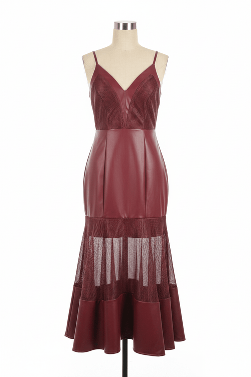 BeBe Wine Faux Leather Mesh Detail Midi Dress - The Garment Garden Boutique