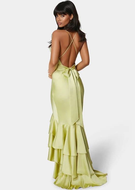 Bebe Chartreuse Satin Formal Gown - The Garment Garden Boutique