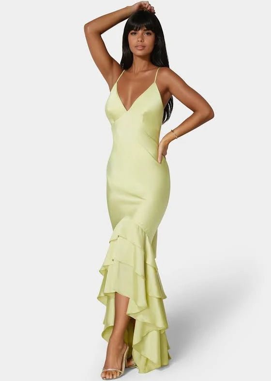 Bebe Chartreuse Satin Formal Gown - The Garment Garden Boutique