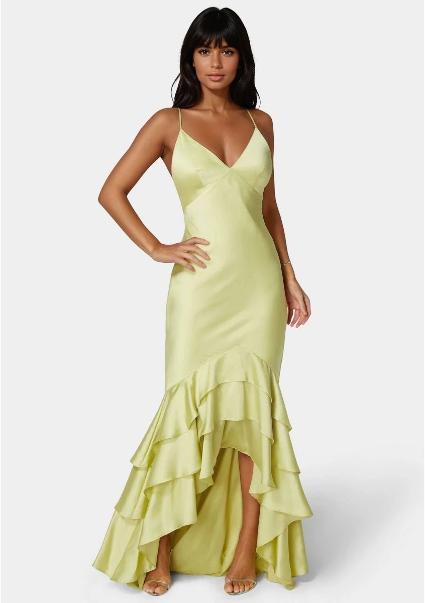 Bebe Chartreuse Satin Formal Gown - The Garment Garden Boutique