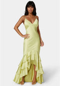 Bebe Chartreuse Satin Formal Gown - The Garment Garden Boutique