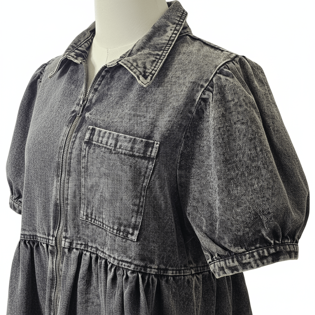 Fantastic Fawn Black Acid Wash Denim Zip-Front Mini Dress - The Garment Garden Boutique
