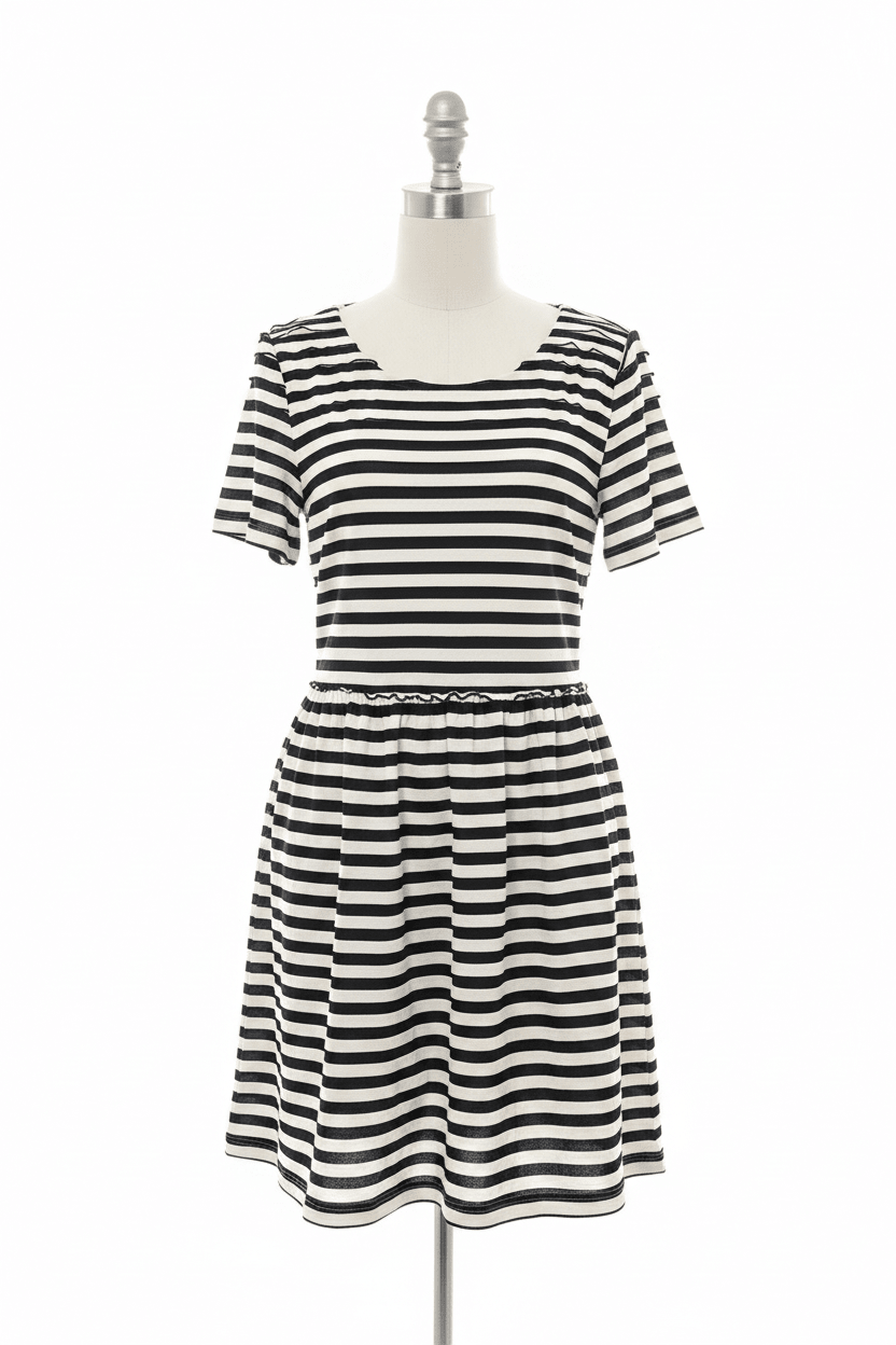 Just Me Black & White Stripe Drop Waist Knee Length Dress - The Garment Garden Boutique
